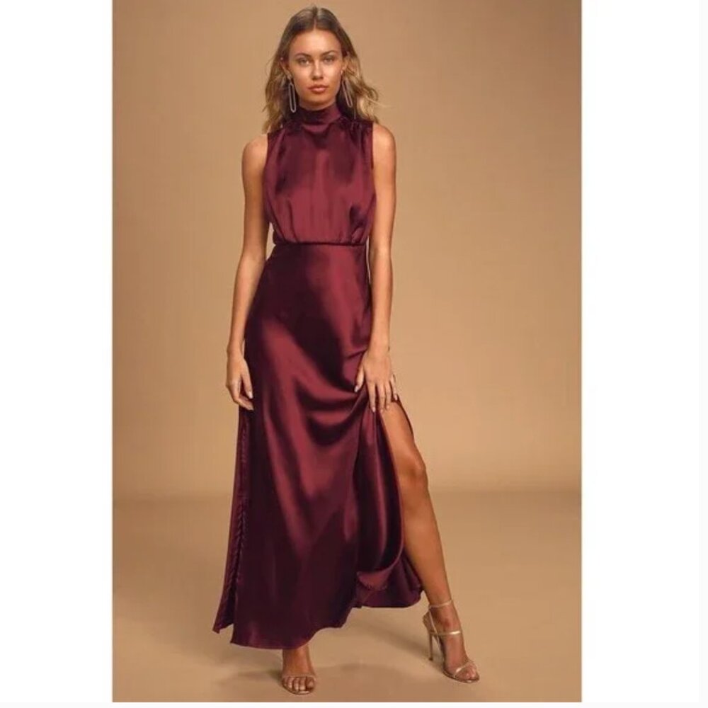 Lulus Classic Elegance Wine Satin Sleeveless Mock Neck Maxi Dress Red - Size XS